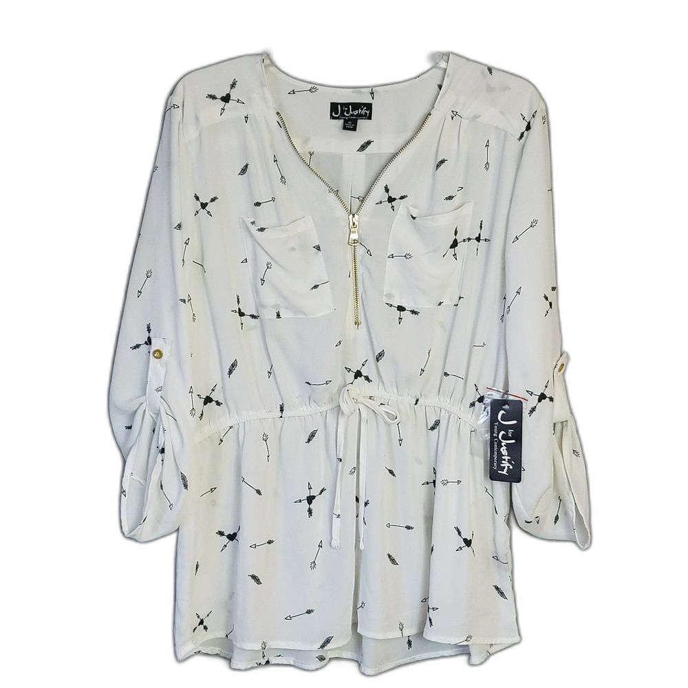 J For Justify White Black Heart Arrow Roll Tab Sleeve Polyester Top Junior's XL